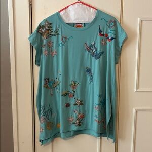 Johnny Was Aqua Embroidered Tee